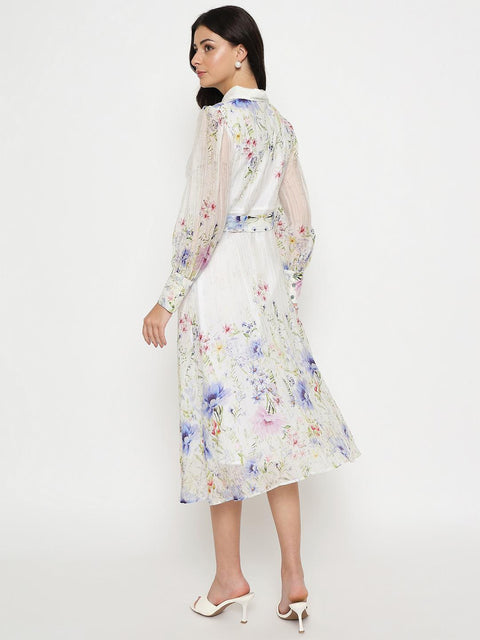 Madame Floral Print Belted White Shirt Dress