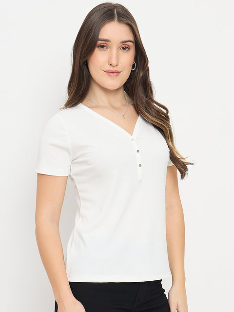 Madame White V-Neck T-Shirt with Button Placket