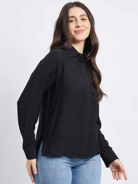 Madame Black Viscose Nylon Solid Shirt
