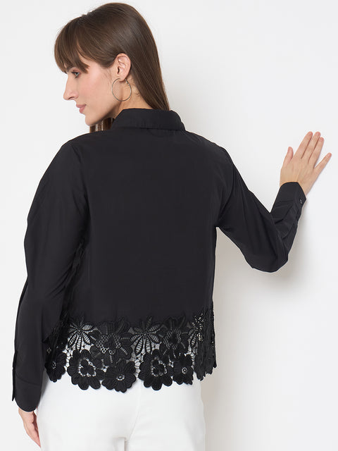 Madame Floral Lace Scalloped Hem Black Shirt