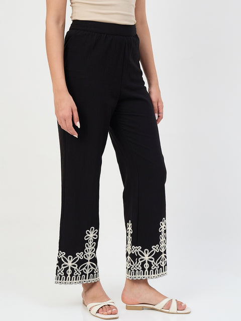 Madame Black Embroidered Cotton-Blend Trousers