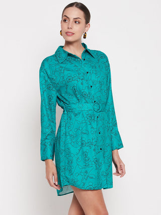 Madame Disney Printed Belted Green Mini Dress