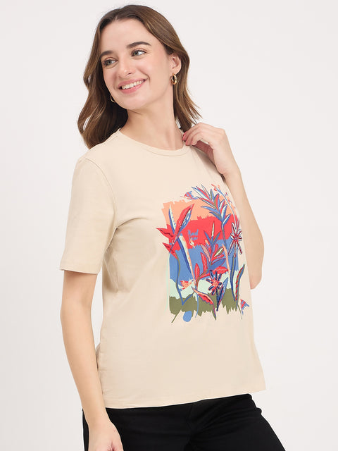 Madame Beige Graphic Print Cotton T-Shirt