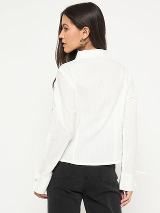 Madame Tie-Cuff Detail Striped White Cotton Shirt
