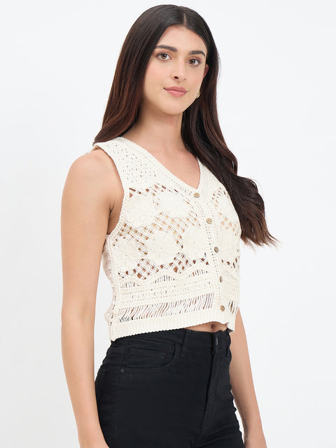 Madame Off White Cotton Embroidered Vest Top