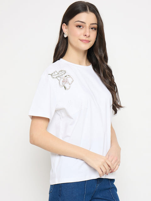 Madame White Cotton Printed T-Shirt