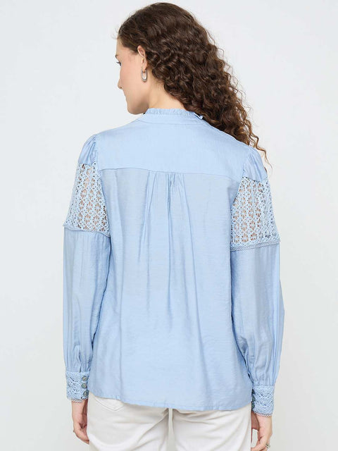 Madame Lace Detailed Pleated Front Powder Blue Top