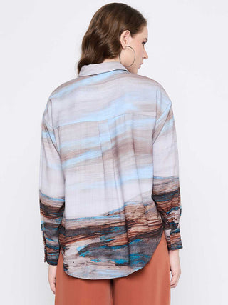 Madame Abstract Print Button Down Sky Blue Shirt Collar Shirt