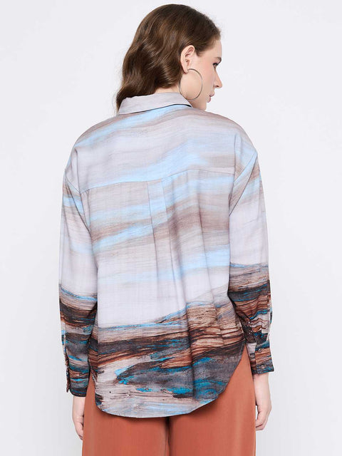 Madame Abstract Print Button Down Sky Blue Shirt Collar Shirt