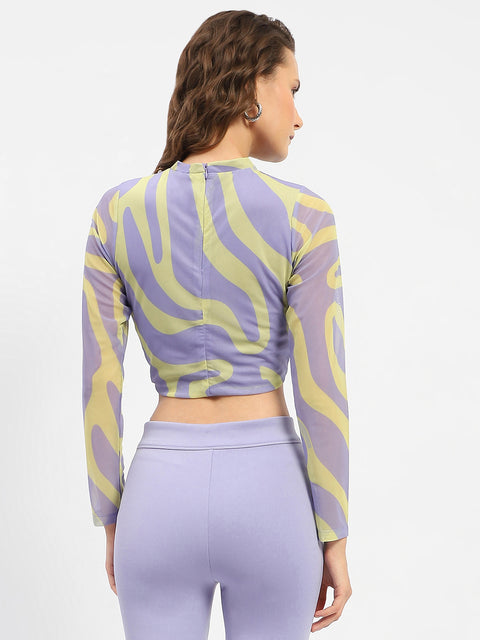 Madame Full Sleeve Wave Print Lilac Crop Top
