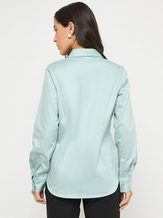 Madame Buttoned Front Solid Cotton Blend Green Shirt