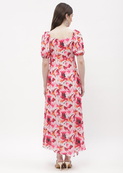 Madame Sweetheart Neck Hot Pink Floral Maxi Dress