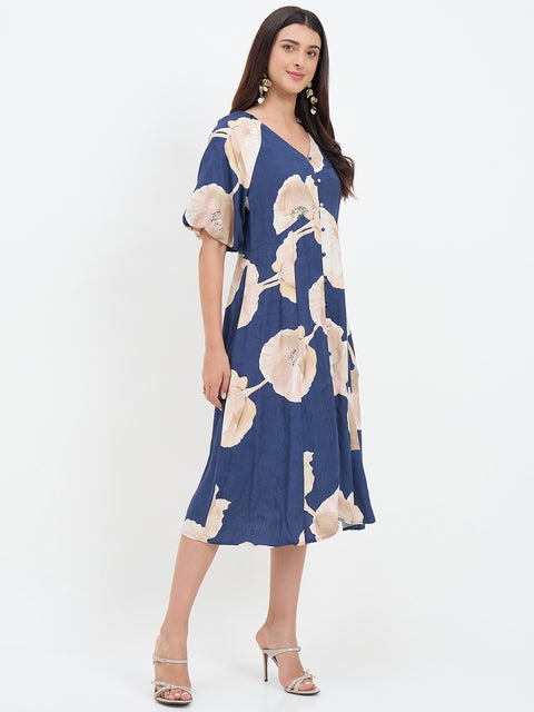 Madame Navy Blue Floral Printed Dress