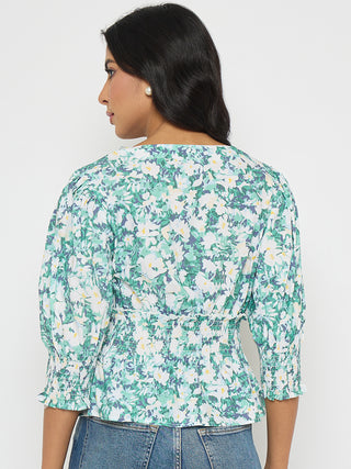 Madame Abstract Print Nylon Blend Pink Peplum Top