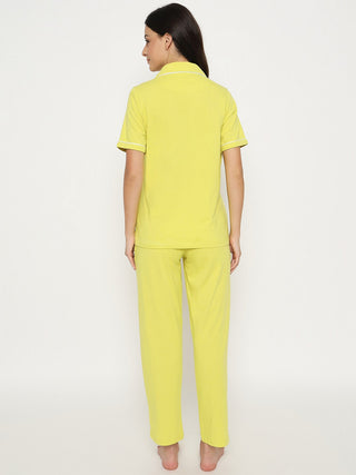 mSECRET Embossed Top and Bottom Lime Yellow Cotton Night Suit