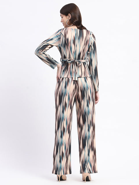 Madame Knit Moss Printed Belted Top And Bottom Beige Co-Ord Set