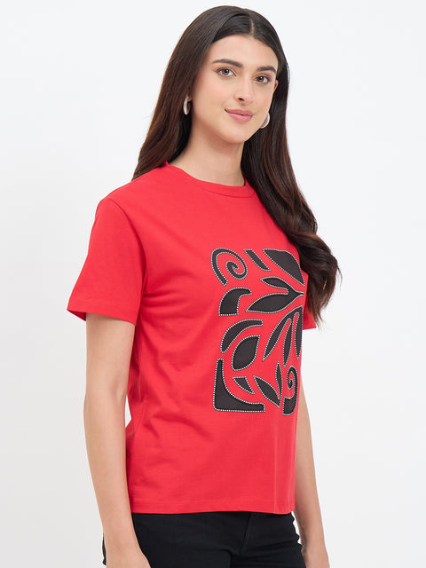 Madame Red Cotton Printed Half-Sleeve T-Shirt