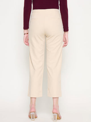 Madame Slash Pocketed Straight Fit Belted Solid Ivory Trousers