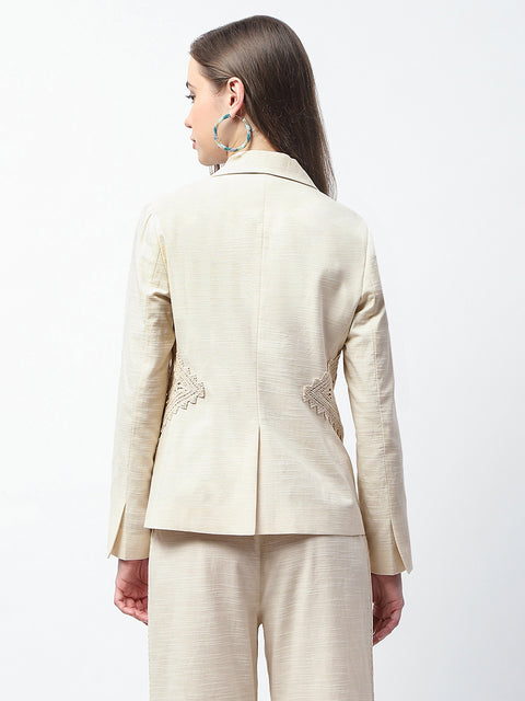 Madame Patchwork Detailed Solid Beige Blazer