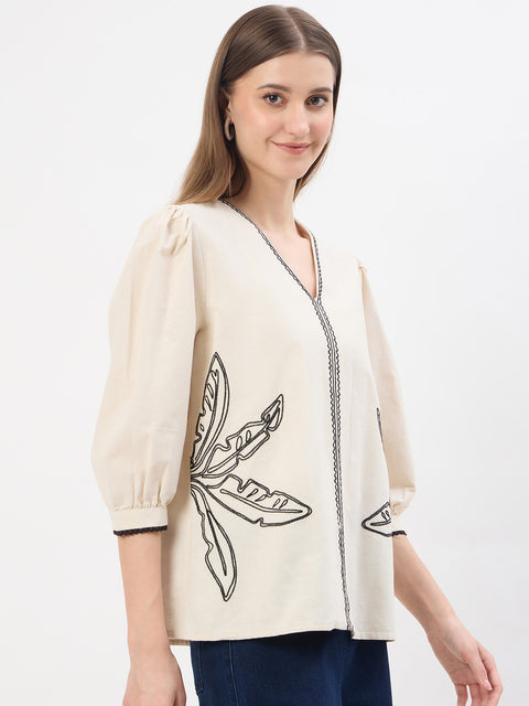 Madame Embroidery Beige Cotton Blend Top