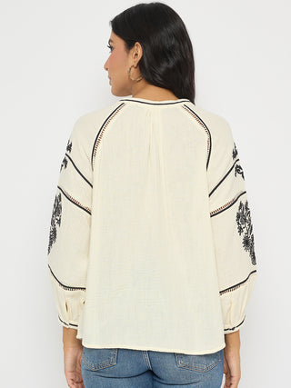 Madame Embroidered Pleat Detailing Off White Cotton Top