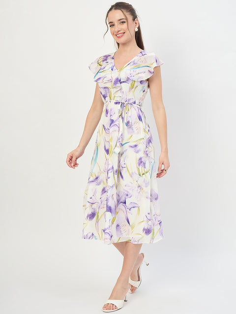 Madame Purple Printed Ruffle Sleeve Midi Dress