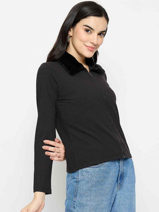 Madame Fur Trimmed Black Zipped Top