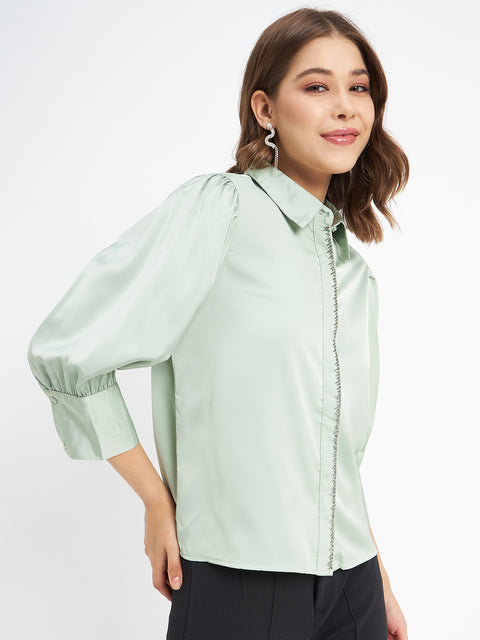 Madame Embellished Button Placket Solid Pista Green Shirt