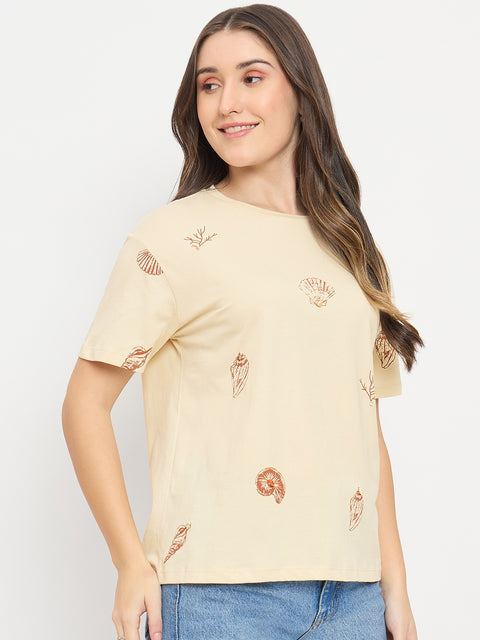 Madame Beige Printed Cotton Round Neck T-Shirt