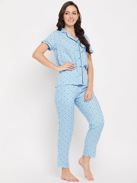 mSECRET Lapel Collar Star Printed Cotton Nightsuit