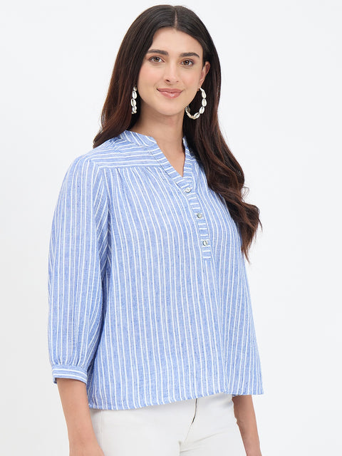 Madame Blue Striped Mandarin Top