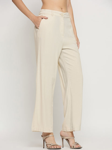 Madame Beige Rayon Linen Straight Fit Ankle Trousers