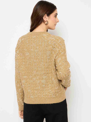 Madame Cable Knit Pearl Embellished Brown Sweater