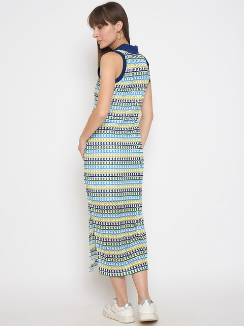 Madame Crochet Striped Side Slit White Bodycon Dress