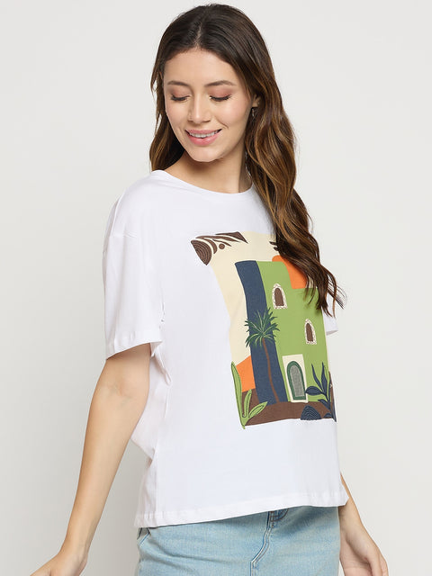 Madame White Graphic Print Cotton Round Neck T-Shirt
