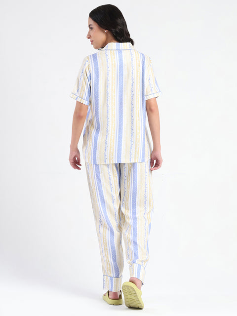 mSECRET Striped Collar Top and Bottoms Yellow Nightsuit