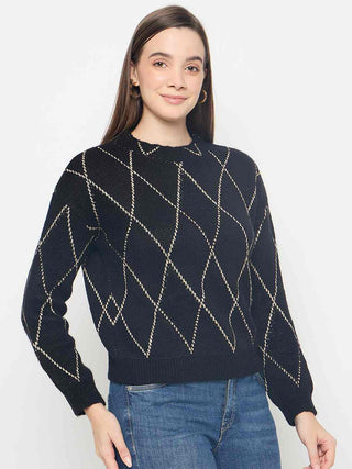 Madame Geometric Print Acrylic Blend Black Sweater