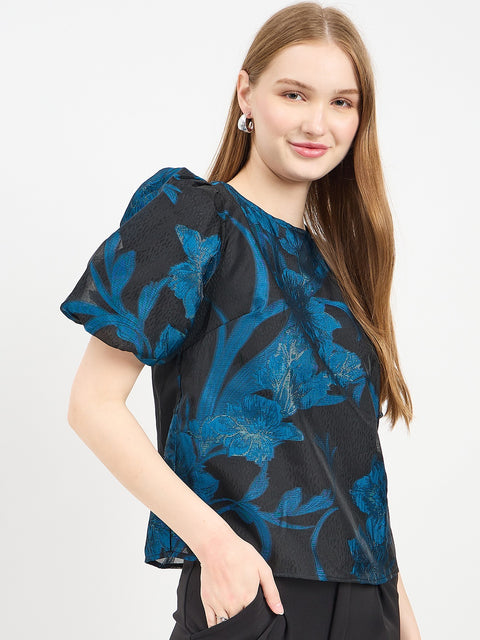 Madame Textured Teal Puff Sleeve Top