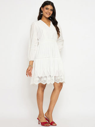 Madame Lace Detailed White Rayon Blend Dress