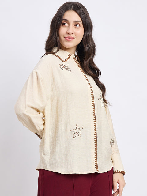 Madame Beige Rayon Linen Blend Shirt