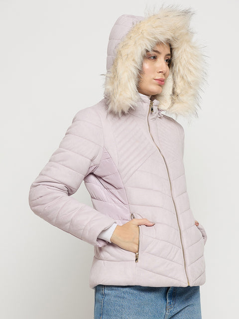 Madame Mauve Quilted Fur Collar Full Sleeve Short Jacket