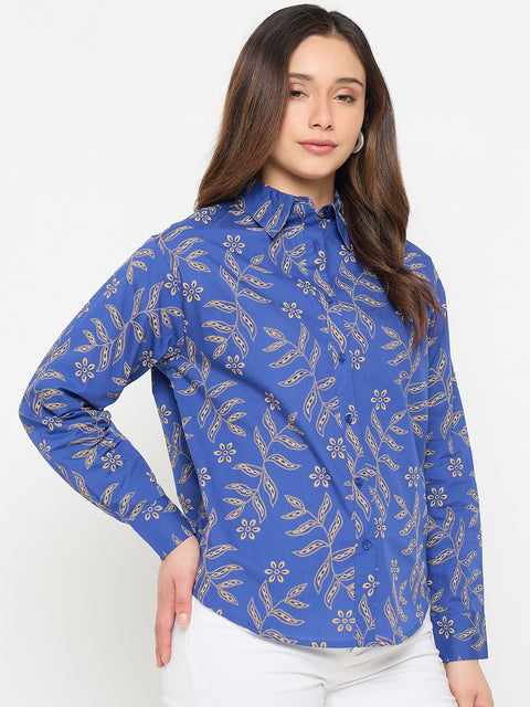 Blue Embroidered Summer Shirt for Women