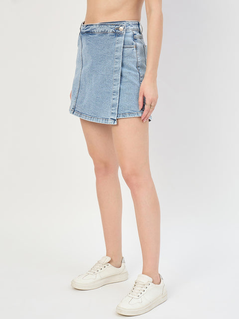 Madame Light Blue Cotton Wrap Mini Denim Skirt