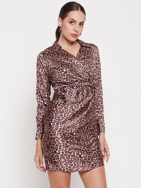 Madame Animal Print Ruched Side Brown Mini Dress