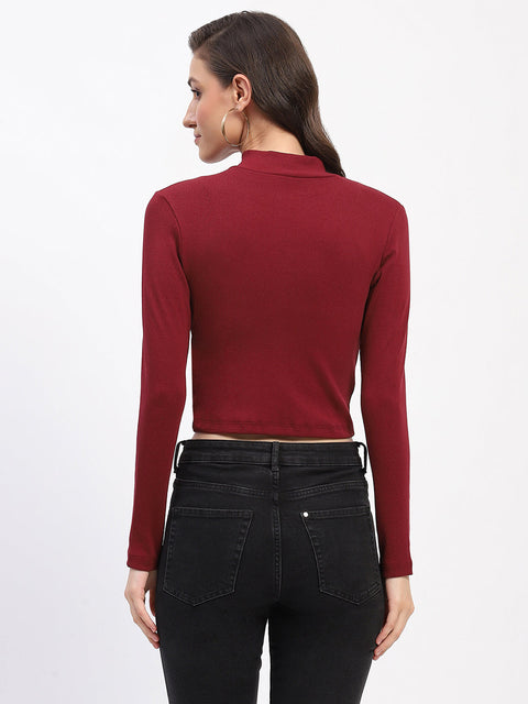Madame Ribbed Mock Neck Zipped Bodycon Wine Top