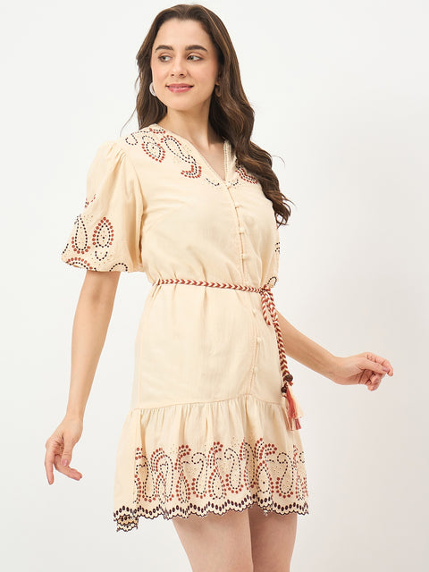 Madame Beige Viscose-Cotton-Linen Blend Dress