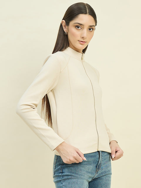 Madame Beige Cotton Blend Mock Neck Sweatshirt