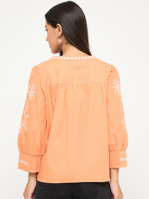Madame Embroidered Split Crew Warm Amber Cotton Top