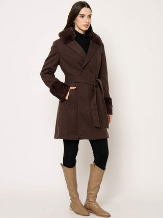 Madame Notch Lapel Neckline Brown Belted Long Coat