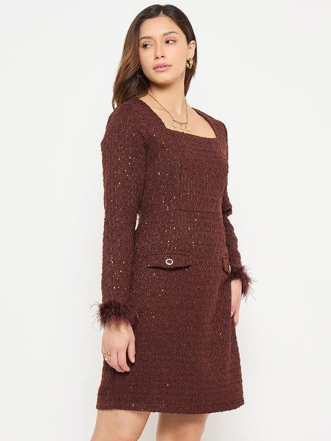 Madame Brown Bodycon Dress with Feather Trim Sleeves